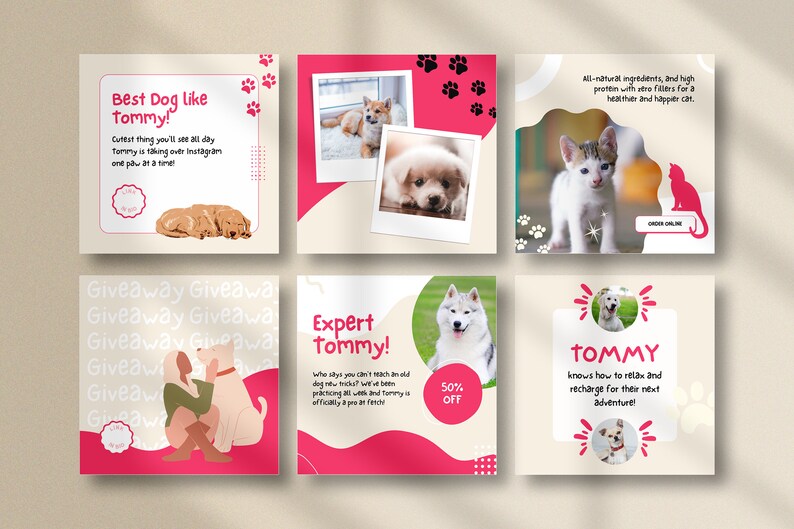 Puede incluir: Un collage de seis im&aacute;genes que promocionan una marca de comida para perros llamada "Tommy". Las im&aacute;genes muestran perros de diferentes razas, incluyendo un golden retriever, un husky y un perro blanco peque&ntilde;o. El texto en las im&aacute;genes incluye el nombre de la marca, lemas como "Best Dog like Tommy!" y "Expert Tommy!" y un anuncio de un sorteo.