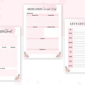 Puede incluir: Tres p&aacute;ginas de planificador imprimibles en rosa y blanco con acentos florales. La primera p&aacute;gina es una hoja de revisi&oacute;n con secciones para condiciones, patofisiolog&iacute;a, gesti&oacute;n, caracter&iacute;sticas cl&iacute;nicas, factores de riesgo, investigaciones y resumen/puntos clave. La segunda p&aacute;gina es un mapa conceptual de medicamentos con secciones para el nombre del medicamento, la indicaci&oacute;n, las contraindicaciones, la evaluaci&oacute;n, el mecanismo de acci&oacute;n, los efectos secundarios y los usos terap&eacute;uticos. La tercera p&aacute;gina es un planificador semanal con secciones para la fecha, el lunes, el martes, el mi&eacute;rcoles, el jueves, el viernes, el s&aacute;bado, el domingo y algo de tiempo.