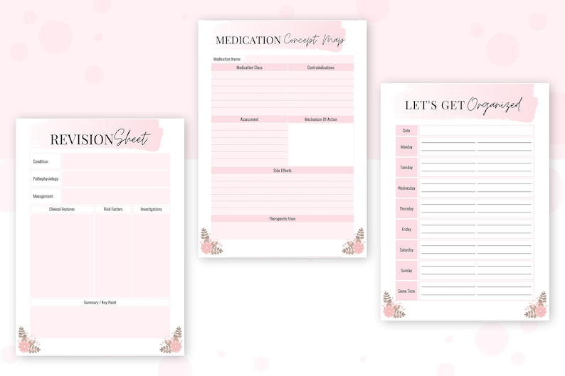 Puede incluir: Tres p&aacute;ginas de planificador imprimibles en rosa y blanco con acentos florales. La primera p&aacute;gina es una hoja de revisi&oacute;n con secciones para condiciones, patofisiolog&iacute;a, gesti&oacute;n, caracter&iacute;sticas cl&iacute;nicas, factores de riesgo, investigaciones y resumen/puntos clave. La segunda p&aacute;gina es un mapa conceptual de medicamentos con secciones para el nombre del medicamento, la indicaci&oacute;n, las contraindicaciones, la evaluaci&oacute;n, el mecanismo de acci&oacute;n, los efectos secundarios y los usos terap&eacute;uticos. La tercera p&aacute;gina es un planificador semanal con secciones para la fecha, el lunes, el martes, el mi&eacute;rcoles, el jueves, el viernes, el s&aacute;bado, el domingo y algo de tiempo.