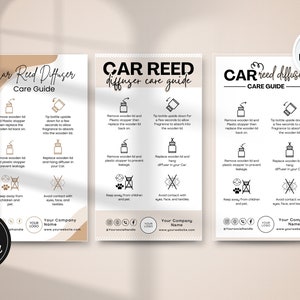 May include: A printable care guide for car reed diffusers. The guide includes instructions on how to use and maintain the diffuser, as well as safety tips. The guide is designed to be used with a car reed diffuser, and it features a simple, modern design.