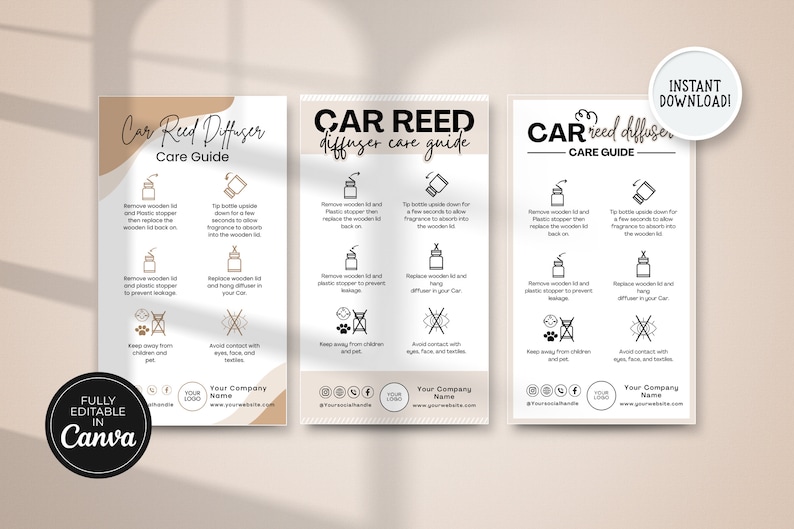 May include: A printable care guide for car reed diffusers. The guide includes instructions on how to use and maintain the diffuser, as well as safety tips. The guide is designed to be used with a car reed diffuser, and it features a simple, modern design.