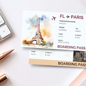 Bearbeitbare Paris Bordkarte Canva Ticket Vorlage Druckbare Überraschungsreise enthüllen Geschenkgutscheine Benutzerdefiniertes Ereignis Fluggesellschaft Urlaubsreise 113