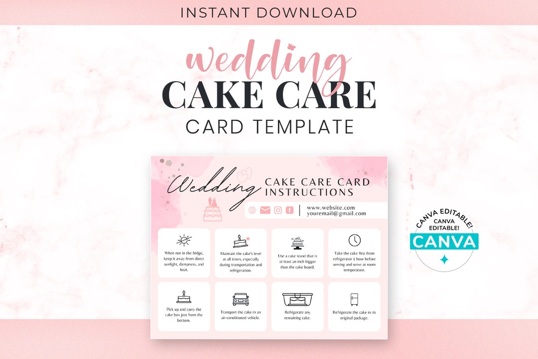 Canva Editable Wedding Cake Care Cards Cake Care Card Template ...