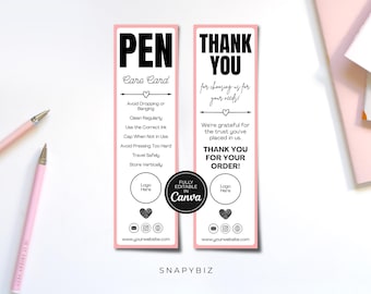 May include: Two pink and white pen care cards and a thank you card with text. The cards have a pink border and include instructions for pen care and a thank you message. Two pink pens are on the left.