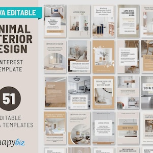 May include: A collection of 51 Canva-editable Pinterest templates for minimal interior design. The templates feature various interior design themes with text such as "Interior Design", "Mind Your Sofa Color", and "Design Your Life The Way You Want".