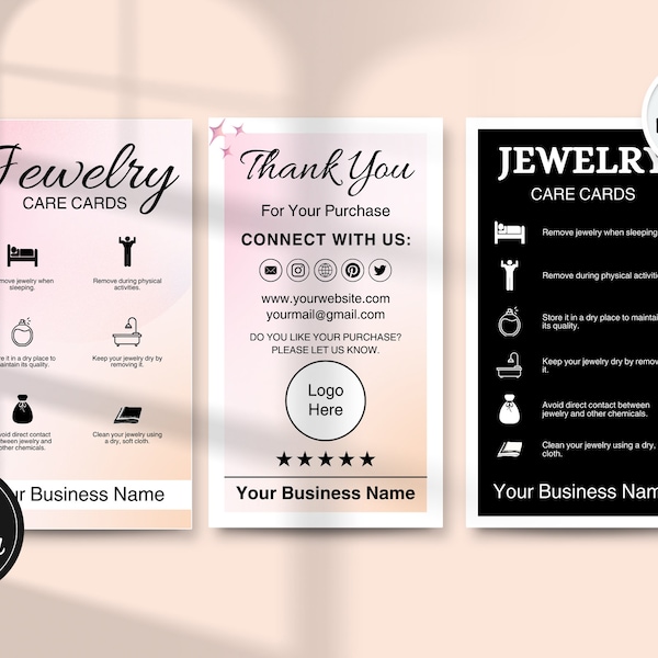 Customizable Jewelry Care Cards Printable Small Business Canva Templates How To Use Jewelry Instructions Care Guide Care Card Design CC-261