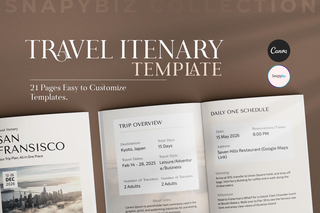 Editable Travel Itinerary Template, Canva Holiday Honeymoon Printable ...
