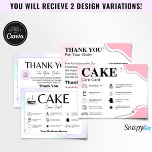Op de afbeelding: Twee rechthoekige visitekaartjes met roze en blauwe aquarelaccenten. De kaarten bevatten de tekst THANK YOU FOR YOUR ORDER en CAKE CARE CARD, samen met instructiepictogrammen voor het bewaren, vervoeren en serveren van taarten.