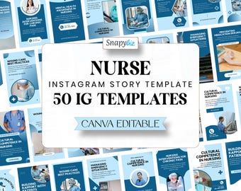 May include: A collection of 50 Instagram story templates for nurses. The templates are blue and white with a variety of nursing-related topics, such as wound care, hand hygiene, and cultural competence. The templates are editable in Canva.