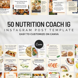 Puede incluir: Un conjunto de 50 plantillas de publicaciones de Instagram para entrenadores de nutrición, con imágenes de alimentos y texto. Las plantillas son fáciles de personalizar con Canva. El texto incluye frases como "Protein-Packed Bowls" y "Good Carbs!"
