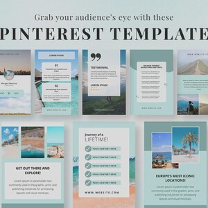 May include: A collection of Pinterest templates in shades of blue and white, featuring travel-themed designs. The templates include text such as "Ready to Escape!" and "Europe's Most Iconic Locations!" with placeholder content.