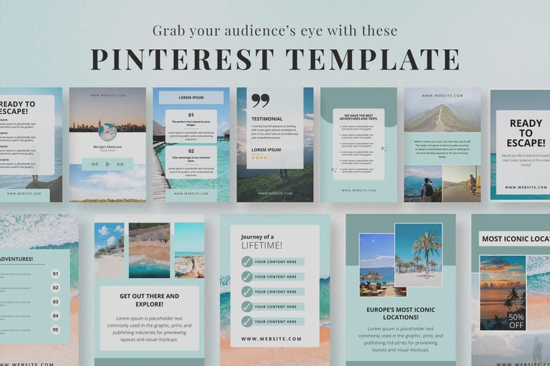 May include: A collection of Pinterest templates in shades of blue and white, featuring travel-themed designs. The templates include text such as "Ready to Escape!" and "Europe's Most Iconic Locations!" with placeholder content.