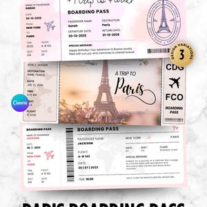 Boleto de viaje sorpresa a París, tarjeta de embarque editable en Canva, plantilla de aerolínea, vuelo personalizado, vacaciones, descarga digital