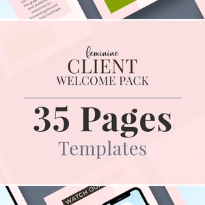 Op de afbeelding: Een roze en wit grafisch ontwerp voor een client welcome pack. De tekst luidt "Feminine Client Welcome Pack" met "35 Pages Templates" in grote letters. De afbeelding bevat mockups van mobiele telefoons en andere ontwerpelementen.