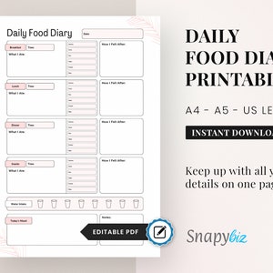 Daily Food Log Applications Daily Food Log Template, Food Planner for Weight Loss, Food Diary Pdf ...