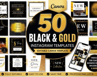 Black And Gold Instagram Post Templates | Editable Canva Bundle | For Boss Babes | Luxury Aesthetic