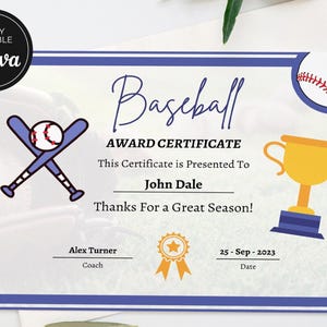 Editable Baseball Award Certificate Template: Printable End of Season PDF