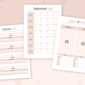 Op de afbeelding: Printbare plannerpagina's met secties voor doktersbezoeken, belangrijke data en het bijhouden van de voortgang voor en na. De pagina's zijn minimalistisch ontworpen en hebben een lichtroze achtergrond.
