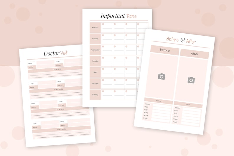 Op de afbeelding: Printbare plannerpagina's met secties voor doktersbezoeken, belangrijke data en het bijhouden van de voortgang voor en na. De pagina's zijn minimalistisch ontworpen en hebben een lichtroze achtergrond.
