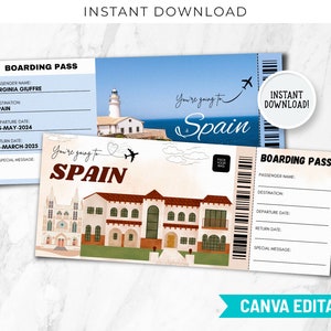 Modello biglietto carta d'imbarco Spagna, modelli modificabili biglietti aerei Spagna Canva, viaggio d'imbarco stampabile per la Spagna, biglietto Spagna