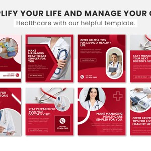 May include: A set of nine red and white social media graphics for healthcare providers. The graphics feature a variety of healthcare-related images, including a stethoscope, a doctor's hand, and a blood pressure cuff. The text on the graphics includes phrases such as "Your health is our priority!" and "Make managing healthcare simpler for you."