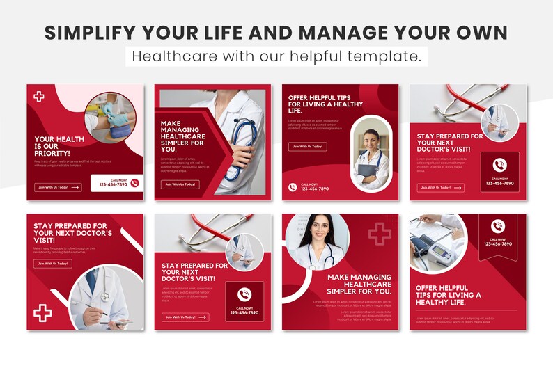 May include: A set of nine red and white social media graphics for healthcare providers. The graphics feature a variety of healthcare-related images, including a stethoscope, a doctor's hand, and a blood pressure cuff. The text on the graphics includes phrases such as "Your health is our priority!" and "Make managing healthcare simpler for you."