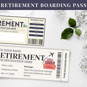 Carte d'embarquement pour départ en retraite, modèle de toile modifiable, cadeau de fête d'invitation pour départ en retraite, modèle d'invitation, cadeau de dernière minute, invitation de billet BP-347