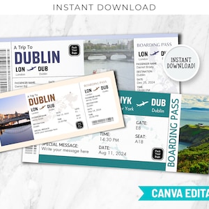 Editable Dublin Boarding Pass Canva Template, Canva Airline Printable Travel Ticket, Customizable Surprise Trip DIY Boarding Ticket, BP 86