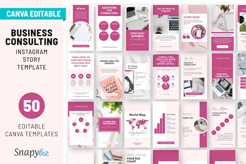Business consulting Instagram story template bundle featuring 50 Canva editable designs in pink and white layouts. The set includes strategy tips, coaching prompts, client testimonials, service highlights, growth advice, workflow charts, world map graphics, bar charts, and creative consultant themed story slides. Ideal for business coaches, strategists, consultants, and creators wanting polished, professional Instagram story content.