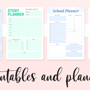 Puede incluir: Cuatro plantillas de planificador imprimibles con diferentes dise&ntilde;os. La primera es un planificador semanal con colores azul y blanco y un dise&ntilde;o de nube. La segunda es un planificador de estudios con un fondo verde claro y una disposici&oacute;n de cuadr&iacute;cula. La tercera es un planificador escolar con un fondo azul claro y secciones para prioridades, horario, examen, lista de lectura, tarea, notas y nueva asignaci&oacute;n. La cuarta es un planificador de horarios con un fondo rosa claro y secciones para la semana 1, la semana 2, la semana 4 y prioridades.