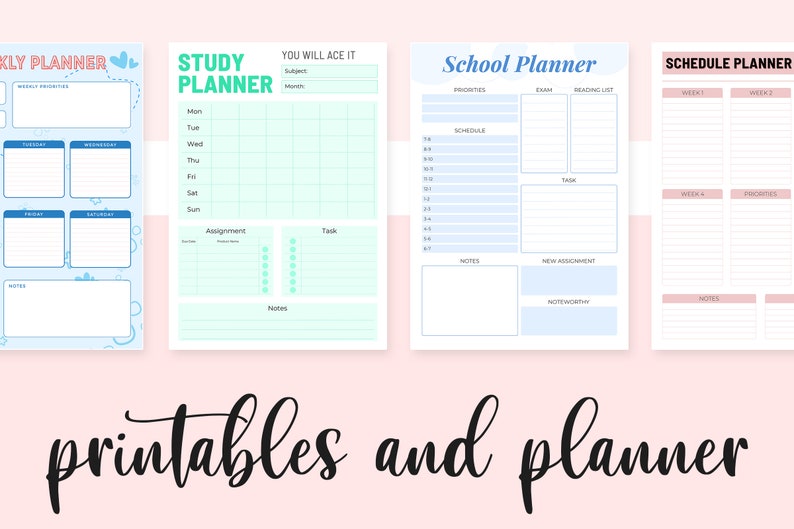 Puede incluir: Cuatro plantillas de planificador imprimibles con diferentes dise&ntilde;os. La primera es un planificador semanal con colores azul y blanco y un dise&ntilde;o de nube. La segunda es un planificador de estudios con un fondo verde claro y una disposici&oacute;n de cuadr&iacute;cula. La tercera es un planificador escolar con un fondo azul claro y secciones para prioridades, horario, examen, lista de lectura, tarea, notas y nueva asignaci&oacute;n. La cuarta es un planificador de horarios con un fondo rosa claro y secciones para la semana 1, la semana 2, la semana 4 y prioridades.