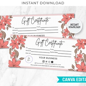 Plantilla de certificado de regalo Vale personalizado imprimible y editable Tarjeta de regalo imprimible Certificado de regalo floral