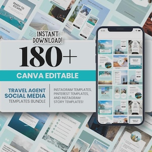 Puede incluir: Un paquete de más de 180 plantillas de redes sociales editables en Canva para agentes de viajes. La imagen muestra plantillas de Instagram, Pinterest e historias de Instagram. Un smartphone muestra publicaciones temáticas de viajes.