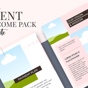 Op de afbeelding: Een sjabloon voor een vrouwelijk klantwelkomstpakket in roze en blauw. Het ontwerp bevat tekstelementen zoals "Client Welcome Pack" en "Payment Plan". De sjabloon bevat landschapsillustraties en tijdelijke tekst.