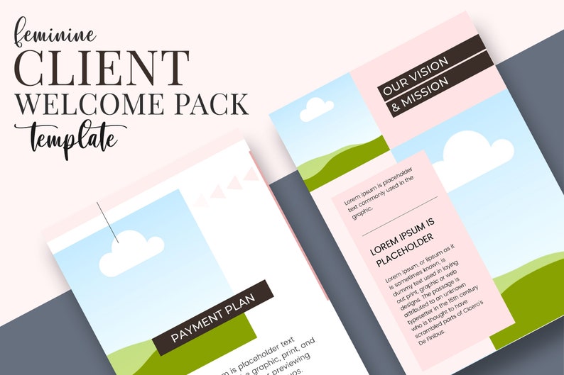 Op de afbeelding: Een sjabloon voor een vrouwelijk klantwelkomstpakket in roze en blauw. Het ontwerp bevat tekstelementen zoals "Client Welcome Pack" en "Payment Plan". De sjabloon bevat landschapsillustraties en tijdelijke tekst.