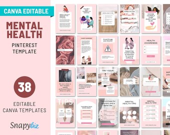 Mental Health Pinterest Pin Templates: Canva Editable Wellness Content (Digital Download)