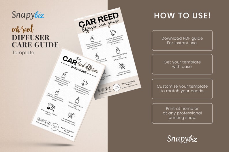 May include: A printable care guide template for car reed diffusers. The guide includes instructions on how to use and maintain the diffuser, as well as tips for maximizing its fragrance. The template is customizable and can be printed at home or at a professional printing shop.