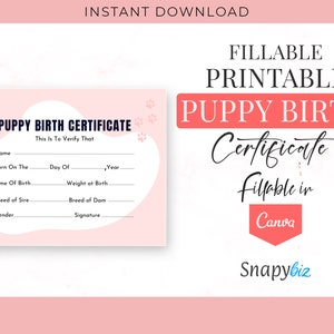 Printable Puppy Birth Certificate Puppy Birth Certificate Template ...