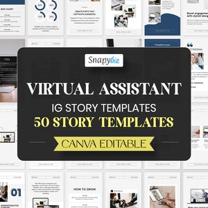 Peut inclure: Ensemble de modèles de stories Instagram pour assistants virtuels. L'image principale présente un fond noir avec le texte blanc : "VIRTUAL ASSISTANT IG STORY TEMPLATES 50 STORY TEMPLATES CANVA EDITABLE". Divers exemples de modèles entourent l'image centrale.