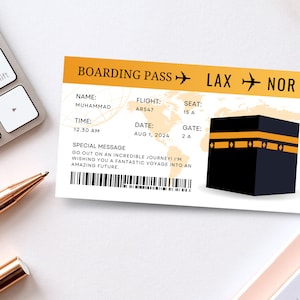 Carte d'embarquement pour la Omra, carte d'embarquement pour le Hajj modifiable, billet d'avion pour le Hajj, cadeau pour la Omra à La Mecque, billet de voyage islamique, cadeau de voyage à la Omra BP-263