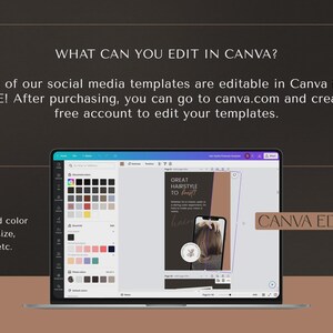 May include: A laptop screen displays a Canva interface with a social media template. Text on the screen reads "Great Hairstyle to boost!" and "Canva Editable." The background is a gradient of brown and black.