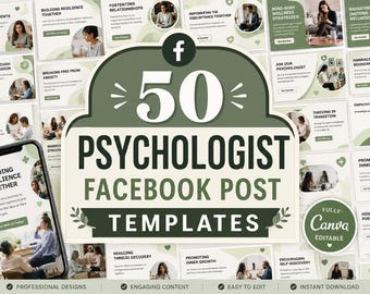 Plantilla para publicaciones de psicólogo en Facebook / Kit para redes sociales / Terapeuta / Consejero de salud mental / Plantilla editable de Canva