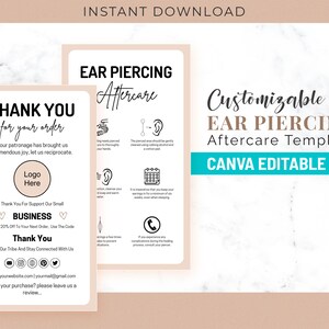 Anpassbare Ohr Piercing Nachsorge Canva Karten Vorlage, druckbare Piercing Anleitung Karte, kleine Unternehmen Ohr Piercing Karten Canva Vorlage
