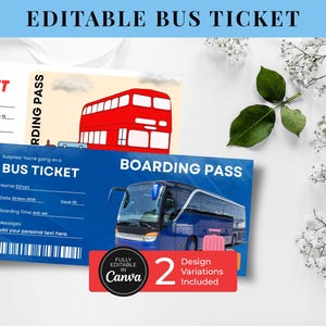 Cartes d'embarquement, Modèles modifiables sur toile de billets de bus, Voyage surprise pour révéler des vacances, Modèles imprimables de bons de réduction, Soirée avec laissez-passer de bus