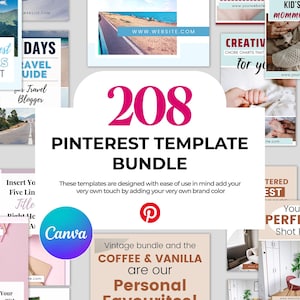 Può includere: Un pacchetto di 208 modelli Pinterest, con il numero "208" in rosa e il testo "Pinterest Template Bundle". L'immagine presenta vari modelli per viaggi, bambini e altri argomenti. Sono visibili anche i loghi di Canva e Pinterest.