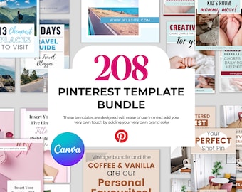208 Pinterest Template Bundle, Canva Editable, Social Media Business Digital Product, Blogger Content Creator, Modern Minimal Design