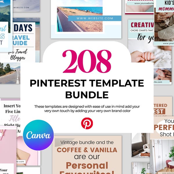 200 + Editable Pinterest Pins Canva Marketing Templates Bundle | Travel Food Social Media Design | Content Creator | Digital Blogger