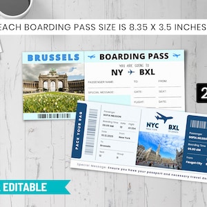 Modèle de carte d'embarquement Canva de billet cadeau voyage surprise à Bruxelles, embarquement surprise de billet d'avion et téléchargement numérique BP-198