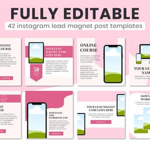 May include: A set of 42 editable Instagram post templates for lead magnets. The templates feature a pink and white colour scheme with a phone or computer screen displaying a green landscape. The text "ONLINE COURSE" and "YOUR LEAD MAGNET NAME GOES HERE" is included in the templates.