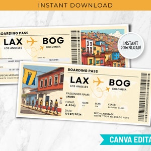 Modelo de cartão de embarque para Colômbia, modelos de passagens aéreas editáveis para Colômbia Canva, bilhete de presente personalizado para férias surpresa para impressão na Colômbia
